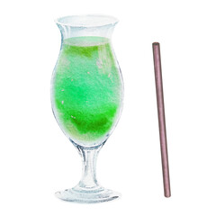 Summer cocktail set, glass glasses and glasses with colorful drinks. Hand drawn watercolor illustration for recipes for alcohol lists with drinks.