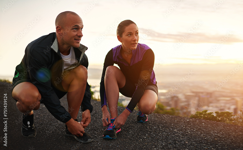 Sticker Fitness, shoes and couple in a road for sunset running, training or morning cardio in nature together. Sneakers, shoelace and sports runner people outdoor for marathon, routine or performance workout