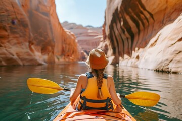 A woman in a yellow life jacket paddles a kayak down a river - obrazy, fototapety, plakaty