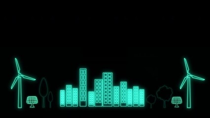 Green energy concept animated background. Neon Light Alternative energy and eco friendly neon animated icons Isolated on Black background. Eco Friendly City landscape animation. - Powered by Adobe