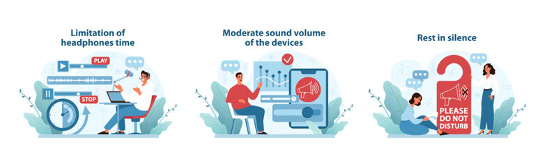 Hearing Conservation Set. Vibrant vector illustrations showcasing responsible headphone use, volume control.