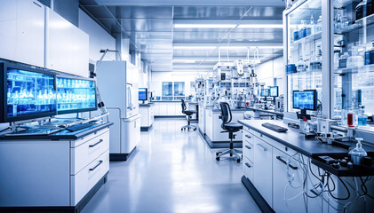 A state-of-the-art pharmaceutical research laboratory with modern equipment and computers for data analysis and experimentation - obrazy, fototapety, plakaty