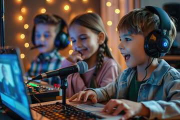 Happy blogger kids using studio microphone, speaking, smiling, looking at laptop screen. 