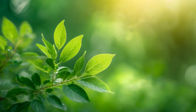 Close up of nature view green leaf on blurred greenery background under sunlight with bokeh and copy space using as background natural plants landscape, ecology wallpaper or cover concept.