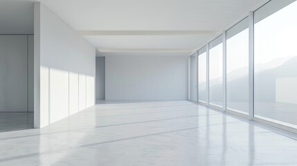 A empty clean white modern room, no furniture, white walls, white smooth ceiling, no people, natural light coming into the room through windows  