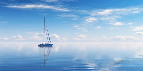  Tranquil blue seascape with a single sailboat mirrored in the water under a clear sky © Coosh448