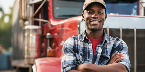 Smiling African American Trucker in Front of Red Semi