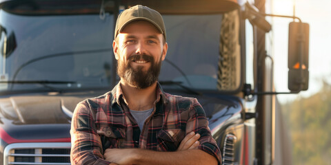Sunset Glow on a Trucker with Crossed Arms by His Truck - obrazy, fototapety, plakaty