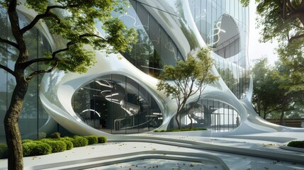 a glass office building inspired by a complicated labyrinth, parametric design, organic growth, fluid flow, architectural photography  