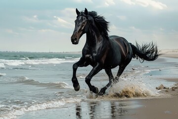 Obraz na płótnie Canvas A black horse is running on the beach, splashing water in the air