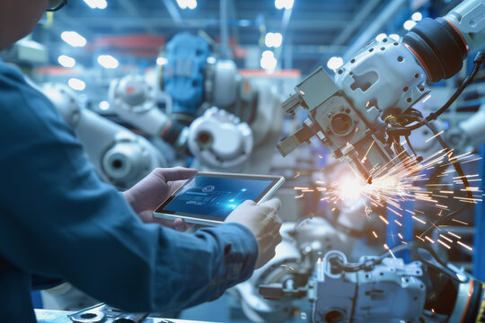 An engineer uses a digital tablet to control a robotic arm in a high-tech industrial environment.
