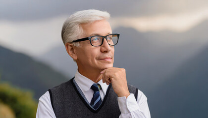 Close up of senior man in glasses thinking