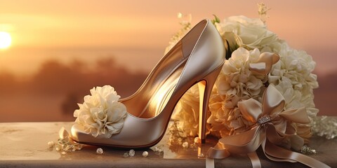 Elegant satin high heels contrast with a bouquet of flowers in the soft glow of the setting sun