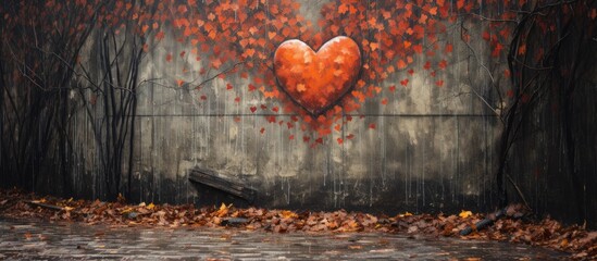 A painting of a heart adorns a plain white wall, the red color standing out against the neutral...