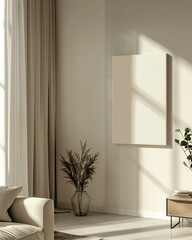 Mockup painting standing on the floor in a white beautiful interior with window shade and dried flowers in a large modern vase