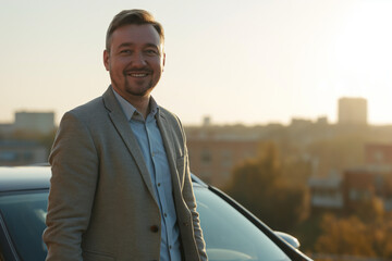 Close shot of a 45 year old eastern-european man in shirt and a blazer smiling standing next to a car, hyper-realistic, day light, city in the background - obrazy, fototapety, plakaty