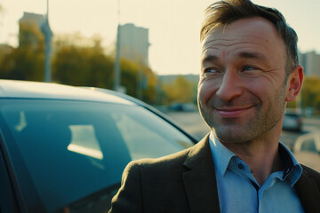 Close shot of a 45 year old eastern-european man in shirt and a blazer smiling standing next to a car, hyper-realistic, day light, city in the background
