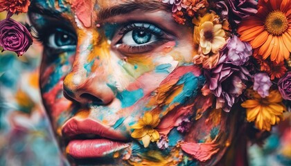 abstract portrait of a woman with flowers, pretty woman portrait, colored abstract portrait of woman