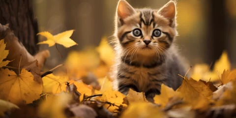 Fotobehang Furry Fall Delight A Kitten's Joyful Romp through a Pile of Leaves © Saim