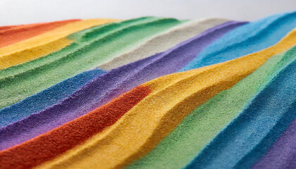 Close up of stripes of rainbow coloured sand and copy space on white background