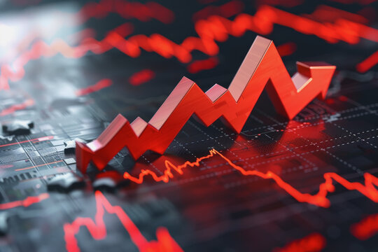 Financial crisis down red arrow economy business graph on money crash market background.