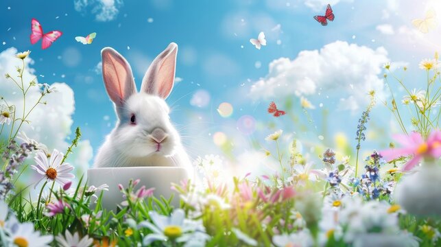 a realistic photo of a podium product display set on the grass among the spring time with colorful flowers, blue skies, white rabbits, colorful butterflies, magical feeling 