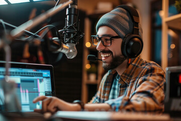 Happy blogger man using studio microphone, speaking, smiling, looking at laptop screen.