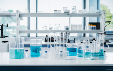 a lab filled with blue liquid and flasks of liquid on a counter top next to a window, generative ai