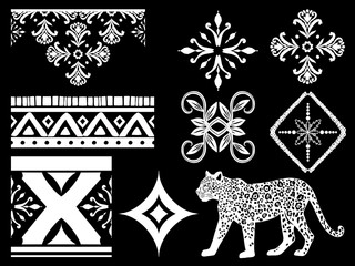 Tiger Leopard animal graphics vintage Indian ethnic traditional. Fok tribal ornament arranngement elements