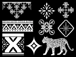 Tiger Leopard animal graphics vintage Indian ethnic traditional. Fok tribal ornament arranngement elements