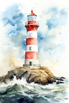 watercolor red and white lighthouse in the ocean
