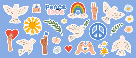 Peace and love, freedom, no war sticker pack. Dove bird, Rainbow, heart, arms. International Day of Peace. Pacifism and Hippie symbols. Vector illustration in flat hand drawn style  - obrazy, fototapety, plakaty