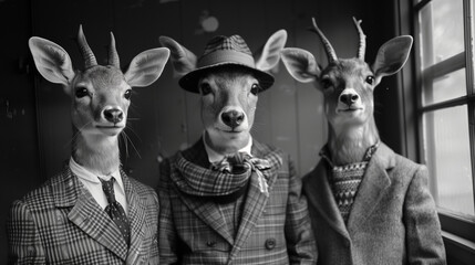 A group of deer is elegantly dressed in vintage suits, portraying a whimsical and sophisticated scene reminiscent of the 1950s.