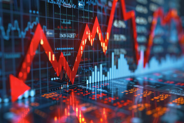 Financial crisis down red arrow economy business graph on money crash market background.