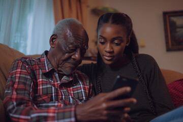 young african woman helping senior grandfather relative to use smartphone. teaching elders technology, grandparent using gadgets indoors