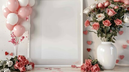 An empty white frame on a city block corner, on an A frame portrait stand, with a tall vase of roses to the right side and valentine day style balloons tide to the bottom of the left front frame, 