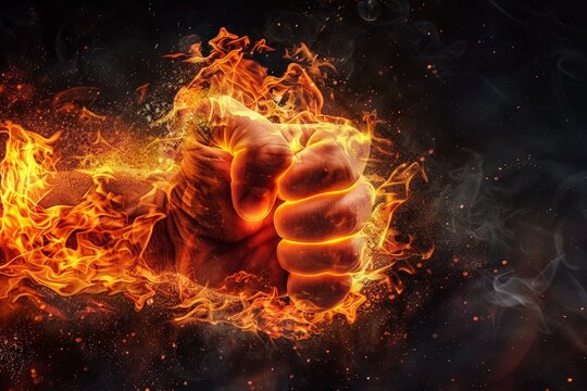 A hand with a fist is surrounded by fire and smoke