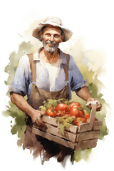 Watercolor sketch of man farmer holding box of vegetables  in his hands - 751443179