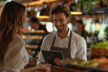 Fototapeta premium Happy waiter holding a tablet with a woman while taking her order in a cafe. AI Generated