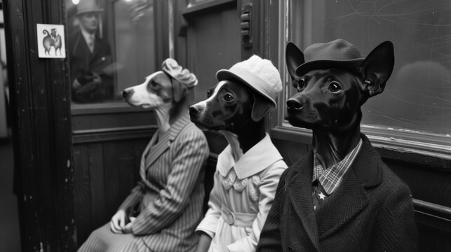 This image portrays dogs dressed in 1950s human clothing, sitting together on a train, evoking a vintage and anthropomorphic atmosphere.