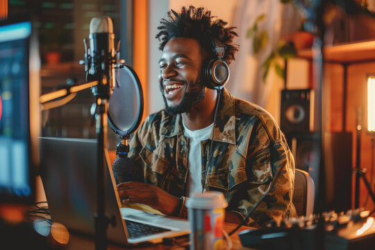 Happy blogger man using studio microphone, speaking, smiling, looking at laptop screen.