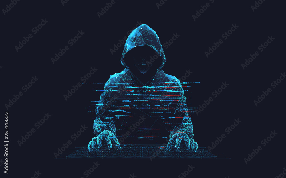 Poster Abstract digital hacker. Cyber security concept. A man wearing a hoodie with a hidden face in front of a computer. Cyber attack and data hack. Fraud man. 3D Vector polygonal wireframe illustration.