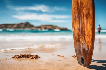 Surfboard on a sandy beach with a blurred nature background in the background.