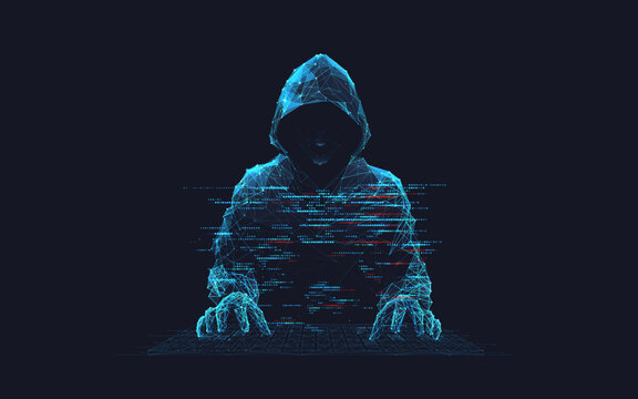Abstract digital hacker. Cyber security concept. A man wearing a hoodie with a hidden face in front of a computer. Cyber attack and data hack. Fraud man. 3D Vector polygonal wireframe illustration.