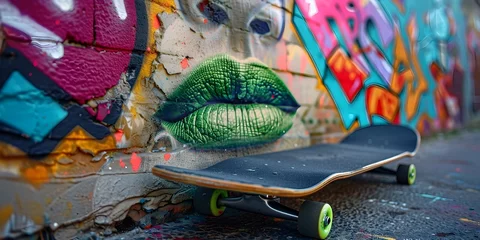 Poster Hyper-Realistic Skateboard Leaning Against Graffiti Wall, To provide a creative and unique of a skateboard in a hyper-realistic, pop-art © Bussakon