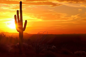 A tall cactus is silhouetted against a beautiful sunset
