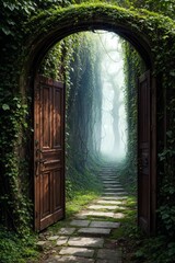 3d rendering of a fantasy doorway portal framed by green vines leading into a idyllic garden. Generative A
