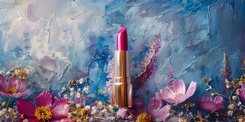 Pink Lipstick and Flowers in Fauvist Style, To provide a bold and artistic image of a pink lipstick with a flowers background