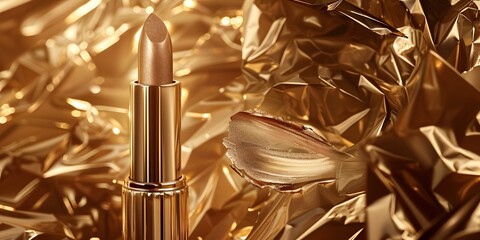 Golden Lipstick on a Shimmering Background, To showcase the elegance and allure of a high-end golden lipstick, featuring the product on a gold