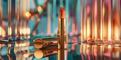 Gold Lipstick on Surface with Glowing Colors, To showcase a metallic gold lipstick in a high-end, fashionable setting, using reflective